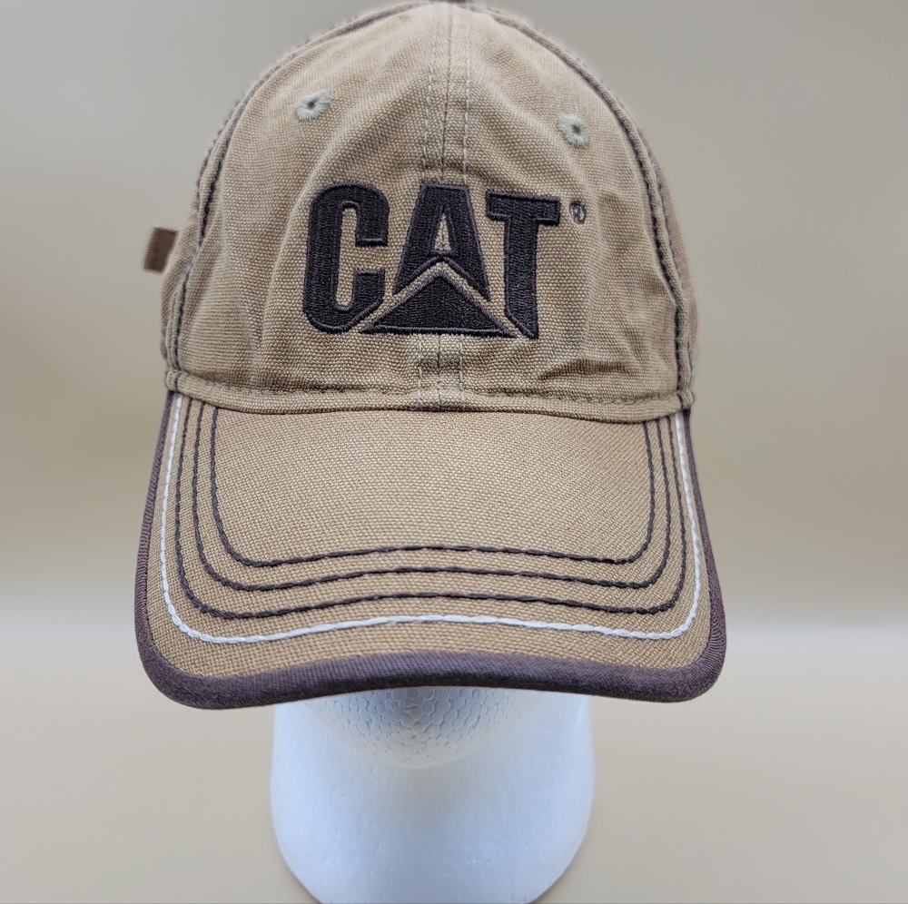 CAT Caterpillar Tan Brown White Men's Hat Cap Strapback Adjustable Heavy Duty